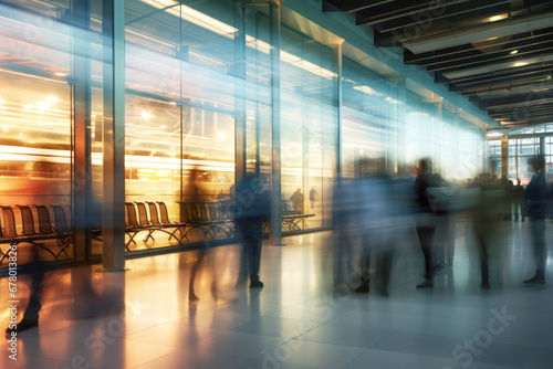 A group of passengers in a motion-blurred airport hall, embodying the speed and modernity of transportation in the urban environment.