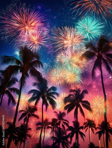 Bright colorful fireworks, lots of salutes in the beautiful night sky during New Year celebration in a warm southern resort with palm trees