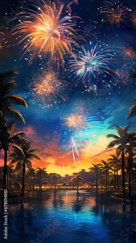 Bright colorful fireworks  lots of salutes in the beautiful night sky during New Year celebration in a warm southern resort with palm trees