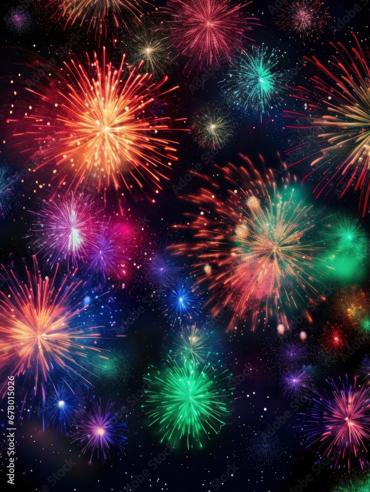Naklejka premium Bright fireworks with bokeh background, lots of salutes in the beautiful night sky New Year celebration, Abstract holiday background