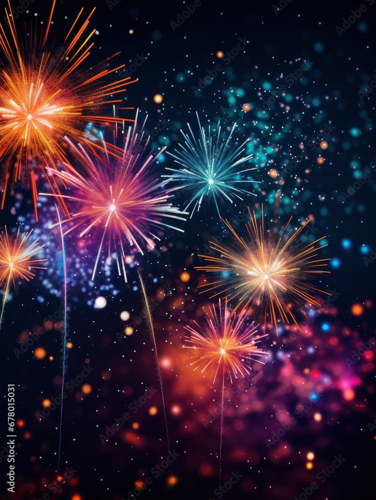 Naklejka premium Bright fireworks with bokeh background, lots of salutes in the beautiful night sky New Year celebration, Abstract holiday background