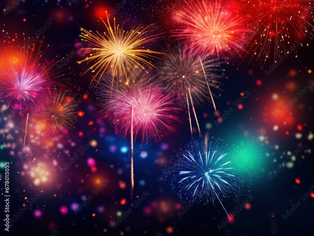 Fototapeta premium Bright fireworks with bokeh background, lots of salutes in the beautiful night sky New Year celebration, Abstract holiday background