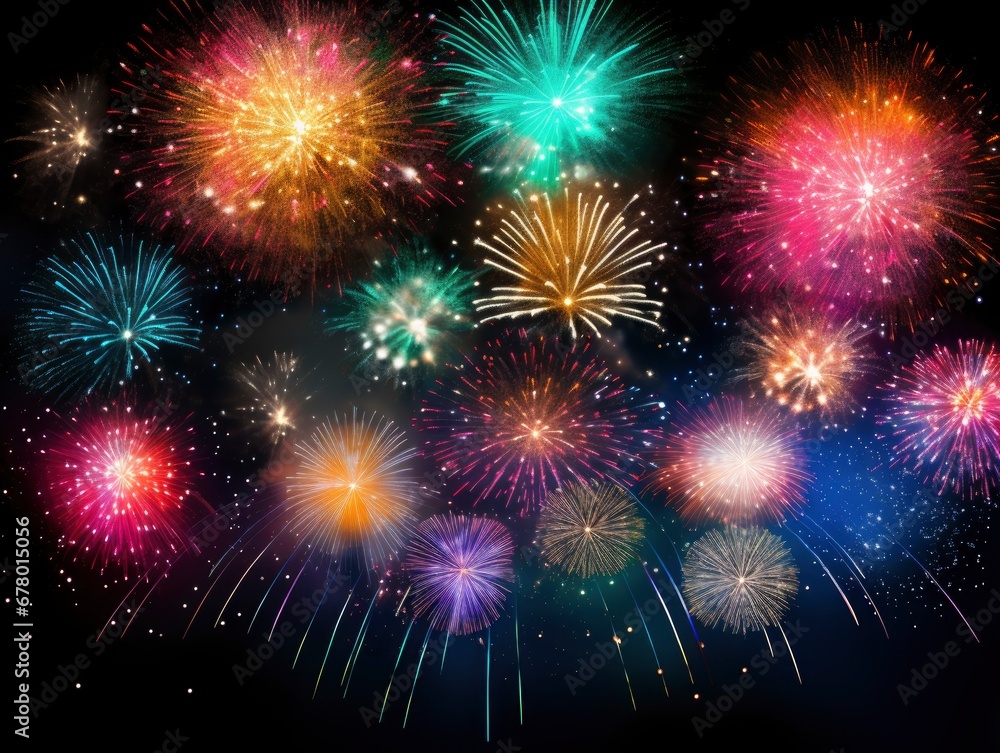 Naklejka premium Bright fireworks with bokeh background, lots of salutes in the beautiful night sky New Year celebration, Abstract holiday background