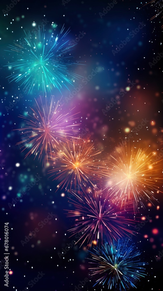 Bright colorful fireworks with bokeh background, lots of salutes in the beautiful night sky, New Year celebration, background with space for text