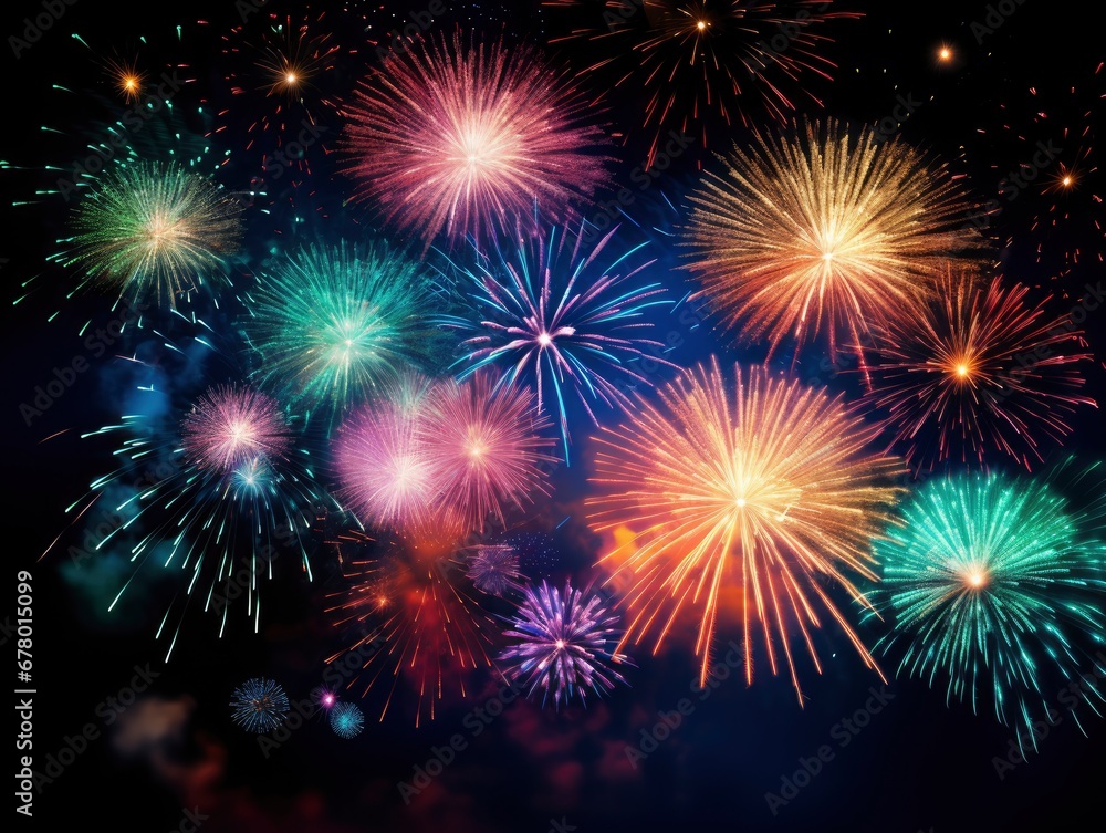 Bright fireworks with bokeh background, lots of salutes in the beautiful night sky New Year celebration, Abstract holiday background