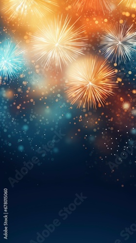 Bright colorful fireworks with bokeh background, lots of salutes in the beautiful night sky, New Year celebration, background with space for text