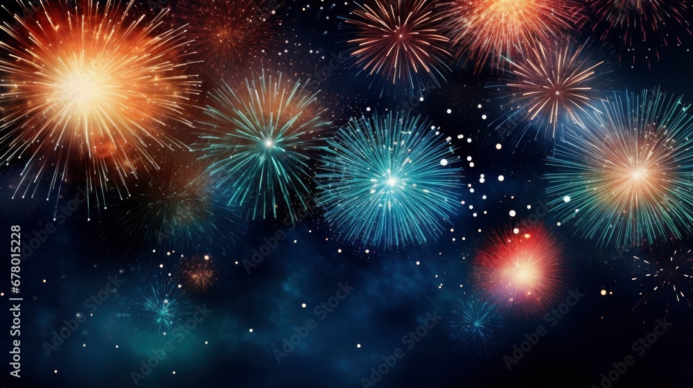 Bright colorful fireworks with bokeh background, lots of salutes in the beautiful night sky, New Year celebration, background with space for text