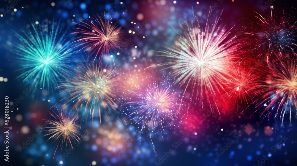 Naklejka premium Bright fireworks with bokeh background, lots of salutes in the beautiful night sky New Year celebration, Abstract holiday background