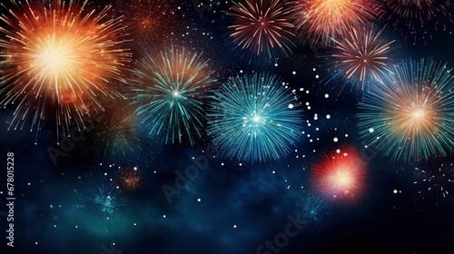 Bright colorful fireworks with bokeh background, lots of salutes in the beautiful night sky, New Year celebration, background with space for text