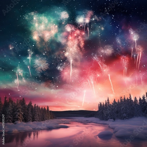 Bright fireworks, lots of salutes in the beautiful night sky against the Lapland landscape