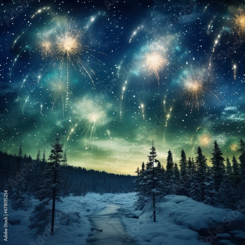Bright fireworks, lots of salutes in the beautiful night sky against the Lapland landscape © shooreeq