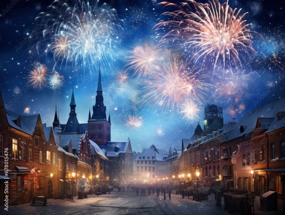 Bright fireworks, very many giant salutes on the background of a beautiful night sky in the small european winter city