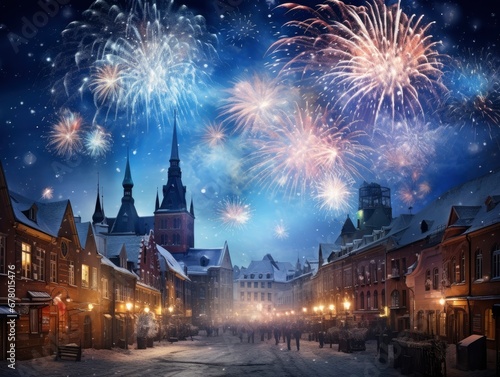 Bright fireworks, very many giant salutes on the background of a beautiful night sky in the small european winter city