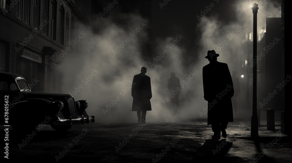Silhouettes in a grim and black and white environment, polluted industrial city, film noir. AI generated.