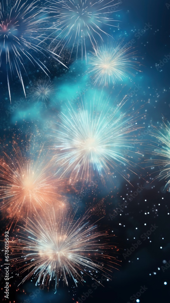 Fototapeta premium Bright fireworks with bokeh background, lots of salutes in the beautiful night sky New Year celebration, Abstract holiday background