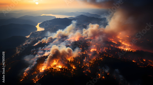 Intense Mountain Forest Wildfire: Dramatic Scenes of Nature's Fury, Environmental Crisis, and Emergency Response. High-Quality Images of Wildfires Devouring the Wilderness. Illustrations Depicting the