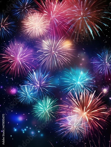 Bright fireworks with bokeh background, lots of salutes in the beautiful night sky New Year celebration, Abstract holiday background