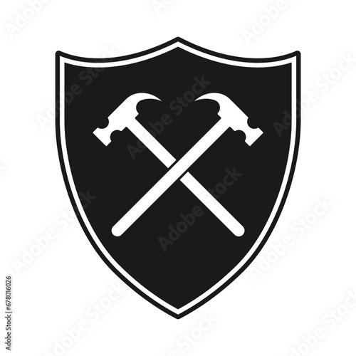 Shield and hammer crossed icon. Coat of arms symbol. heraldry logo sign. Vector illustration image.