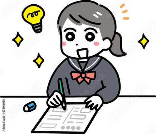 笑顔でテストを受ける中学生の女の子(上半身)	