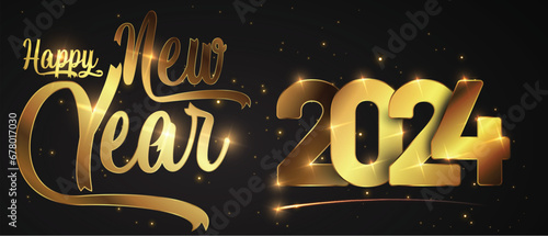 Happy New Year of glitter gold fireworks. Vector golden glittering text and 2024 numbers with sparkle shine for holiday greeting card.