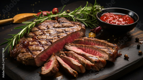 Sliced grilled medium rare T-bone beef steak.