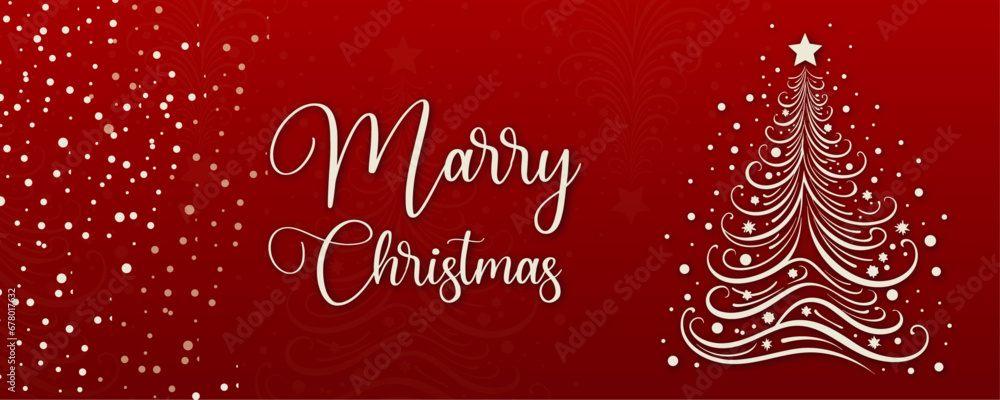 Marry Christmas and Happy New Year banner on red background with pines tree. Vector illustration design