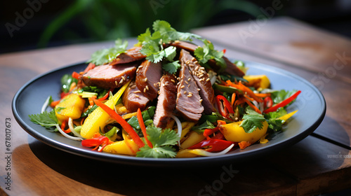 Smoked duck salad with bell pepper and coriander.