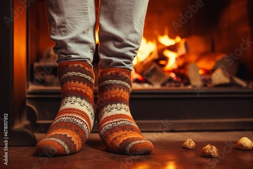 Female legs in funny warm socks on the fireplace background. Cozy winter evening