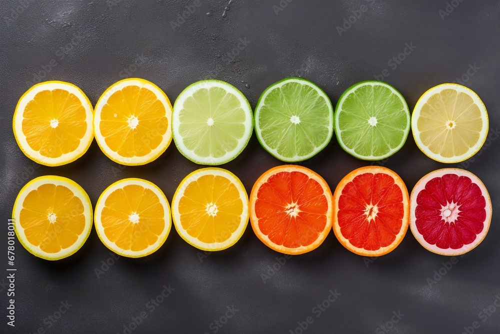 Flat lay, overhead view of different color grapefruits and citrus fruit arranged artistically on a table. Flat lay, overhead view of different color grapefruits and citrus fruit arranged artistically on a table.