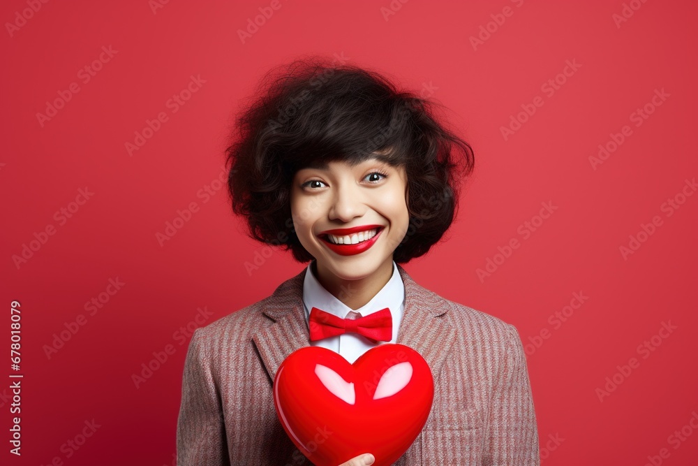 Portrait of a happy woman with red heart on a red background.Valentine's Day Concept Portrait of a happy woman with red heart on a red background.Valentine's Day Concept