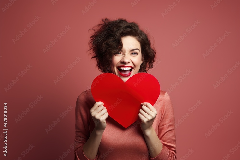 Portrait of a happy woman with red heart on a red background.Valentine's Day Concept Portrait of a happy woman with red heart on a red background.Valentine's Day Concept