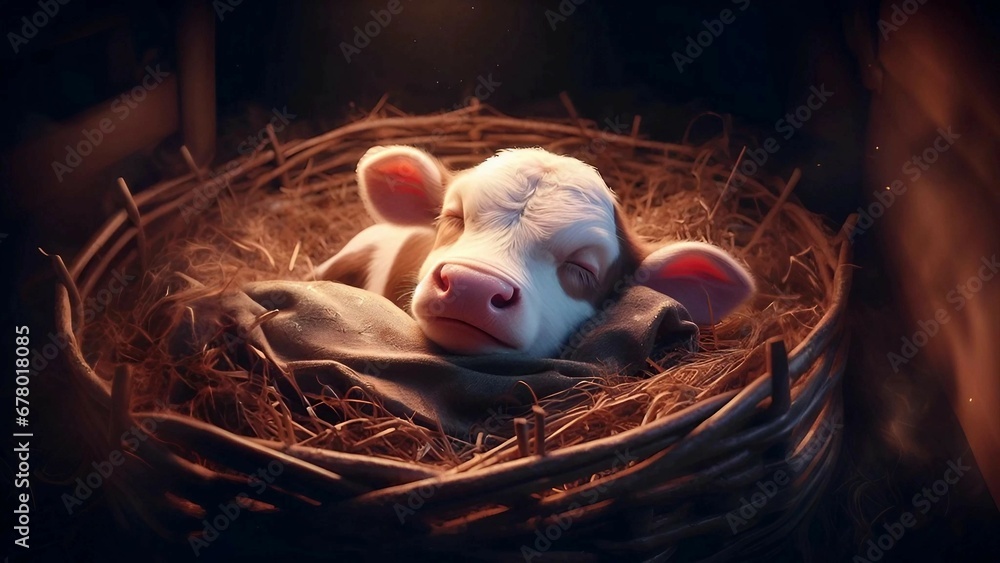 Сute calf sleeps sweetly on bed of thick hay. Close-up, dark background. Generative AI - obrazy, fototapety, plakaty 