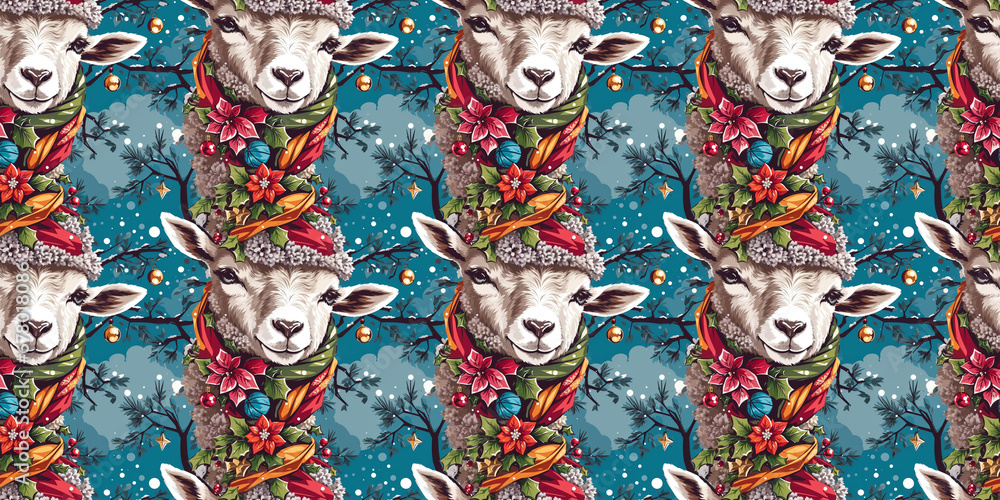 Seamless pattern of an lamb wearing knitted scarf, Christmas decorations and trees.Generative AI