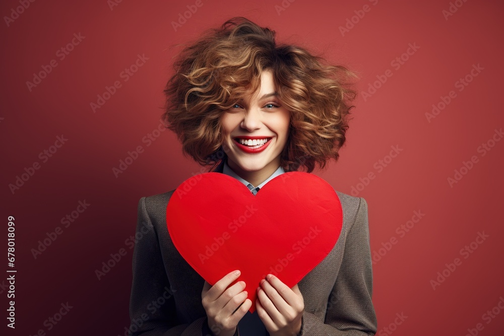 Portrait of a happy woman with red heart on a red background.Valentine's Day Concept Portrait of a happy woman with red heart on a red background.Valentine's Day Concept