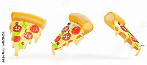 Isolated pizza slices with melted cheese 3d render icon set. Traditional Italian food, cartoon pepperoni with basil leaves, salami, tomato and olive for restaurant or pizzeria menu. 3D illustration