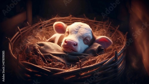 Сute calf sleeps sweetly on bed of thick hay. Close-up, dark background. Generative AI