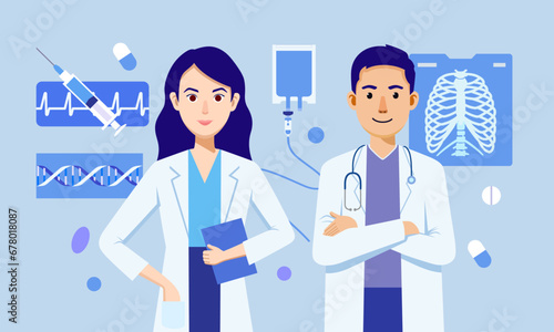 Friendly male and female doctors, background with medicine, IV bag, heart rate, DNA, syringe. Vector illustration