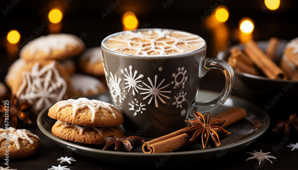 Snowflake latte art in coffee cup with gingerbread cookies and cinnamon, festive mood. Snowflake latte art in coffee cup with gingerbread cookies and cinnamon, festive mood.