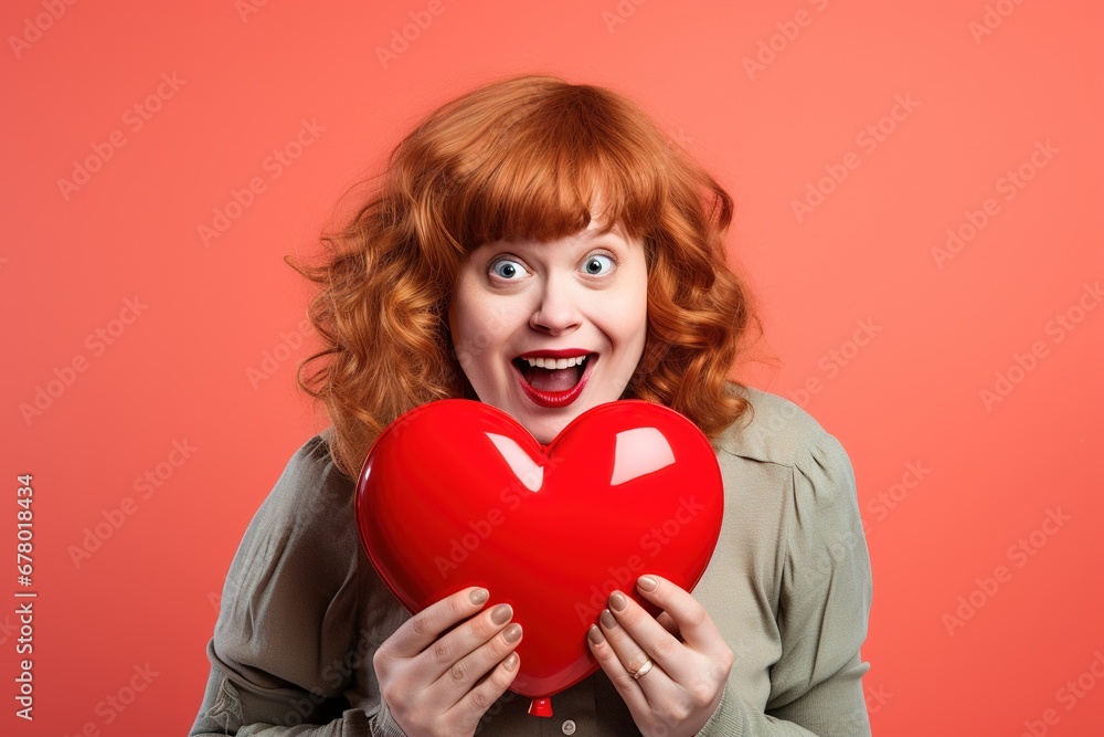 Portrait of a happy woman with red heart on a red background.Valentine's Day Concept Portrait of a happy woman with red heart on a red background.Valentine's Day Concept