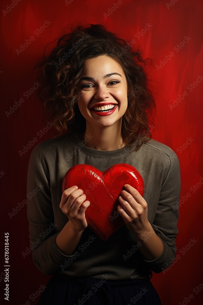 Portrait of a happy woman with red heart on a red background.Valentine's Day Concept Portrait of a happy woman with red heart on a red background.Valentine's Day Concept