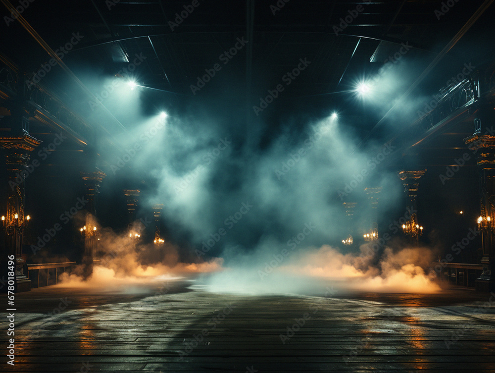 Illuminated Concert Stage with Spotlights and Smoke