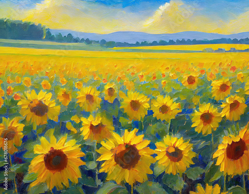 Endless fields of sunflowers under the bright rays of a summer sun  creating a sea of yellow in a peaceful countryside setting.