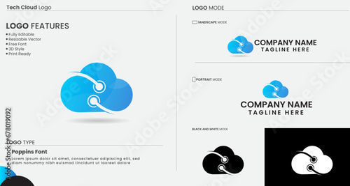 Tech cloud logo design. Technology cloud. Business. Colorful. Travel. Cloud logo design. Icon. Premium template. Network. Sky. Tour. Tech