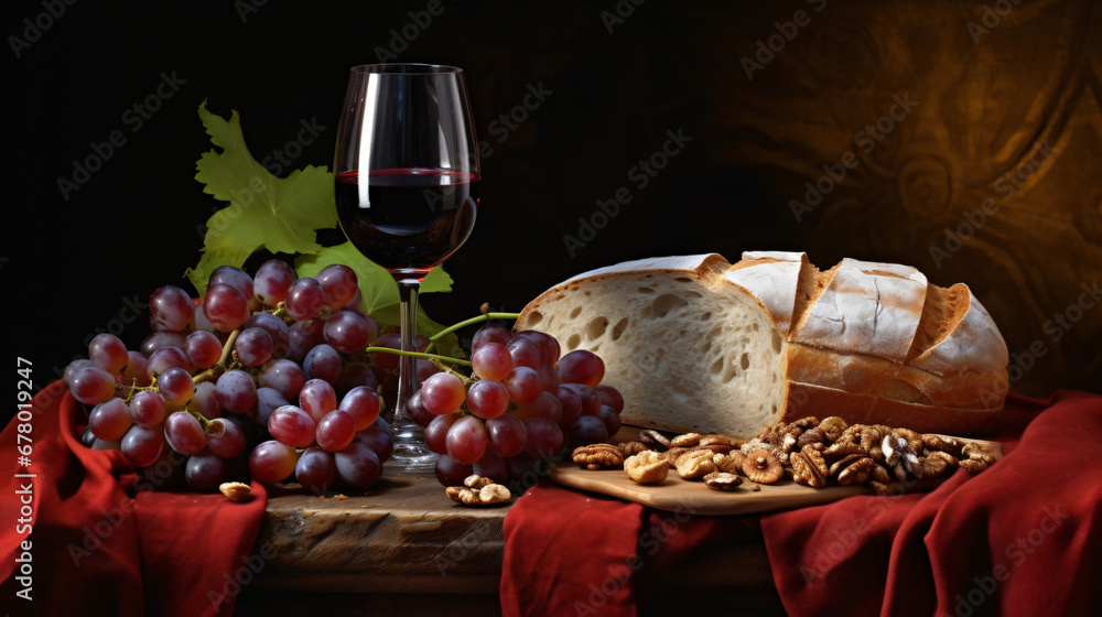 Still life with red grapes, walnuts, bread, and chips.
