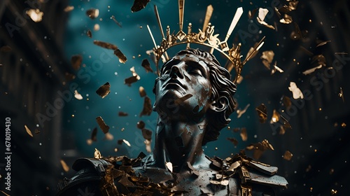 Bronze statue of the monarch with gold and a broken crown . Generated AI