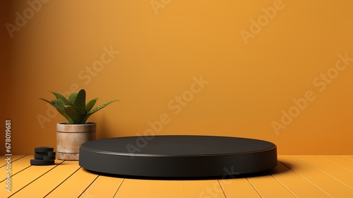 Black podium and plant on yellow background