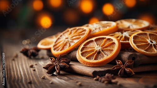 Close-up shot of dried orange slices and cinnamon sticks on a wooden tray. AI generate