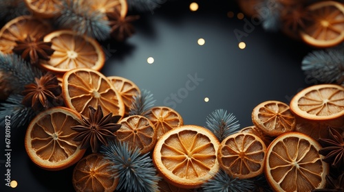 Dried orange slices and cinnamon sticks scattered around with empty space. AI generate