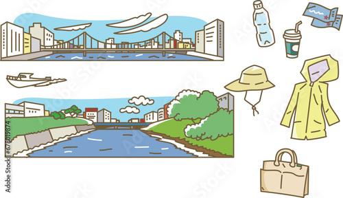 都会の水辺の行楽のイラストセット