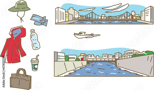 都会の水辺の行楽のイラストセット